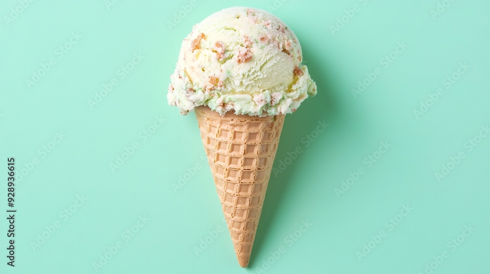 A scoop of ice cream topped with sprinkles on a mint green background viewed from above A scoop of ice cream topped with sprinkles on a mint green background viewed from above