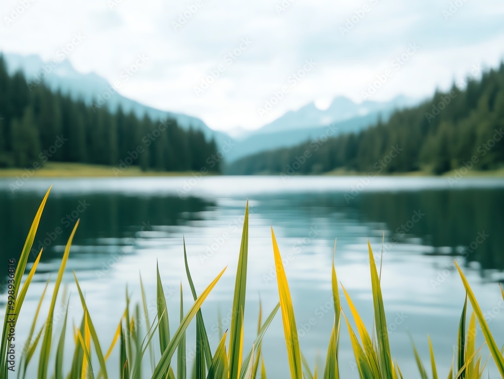 Obraz premium Tranquil lake with mountains in the background, view through grass