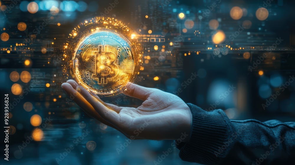 Fototapeta premium A hand holding glowing Bitcoin symbol, representing digital currency and technology. image conveys sense of innovation and financial opportunity. 