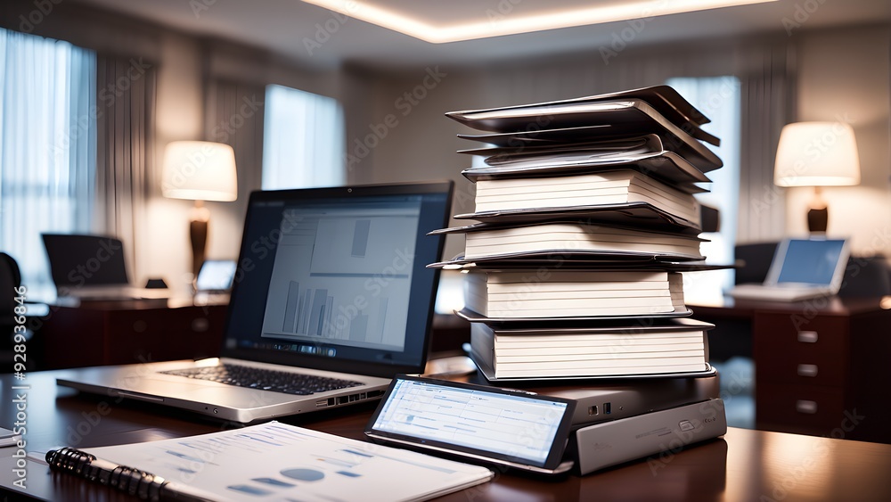 A stack of books and a laptop on a desk in a room A stack of books and a laptop on a desk in a room
