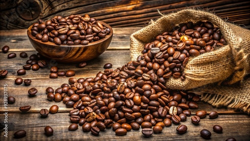 Freshly roasted coffee beans scattered on a rustic wooden table, surrounded by burlap sacks, organic backgrounds, and natural earthy textures. photo