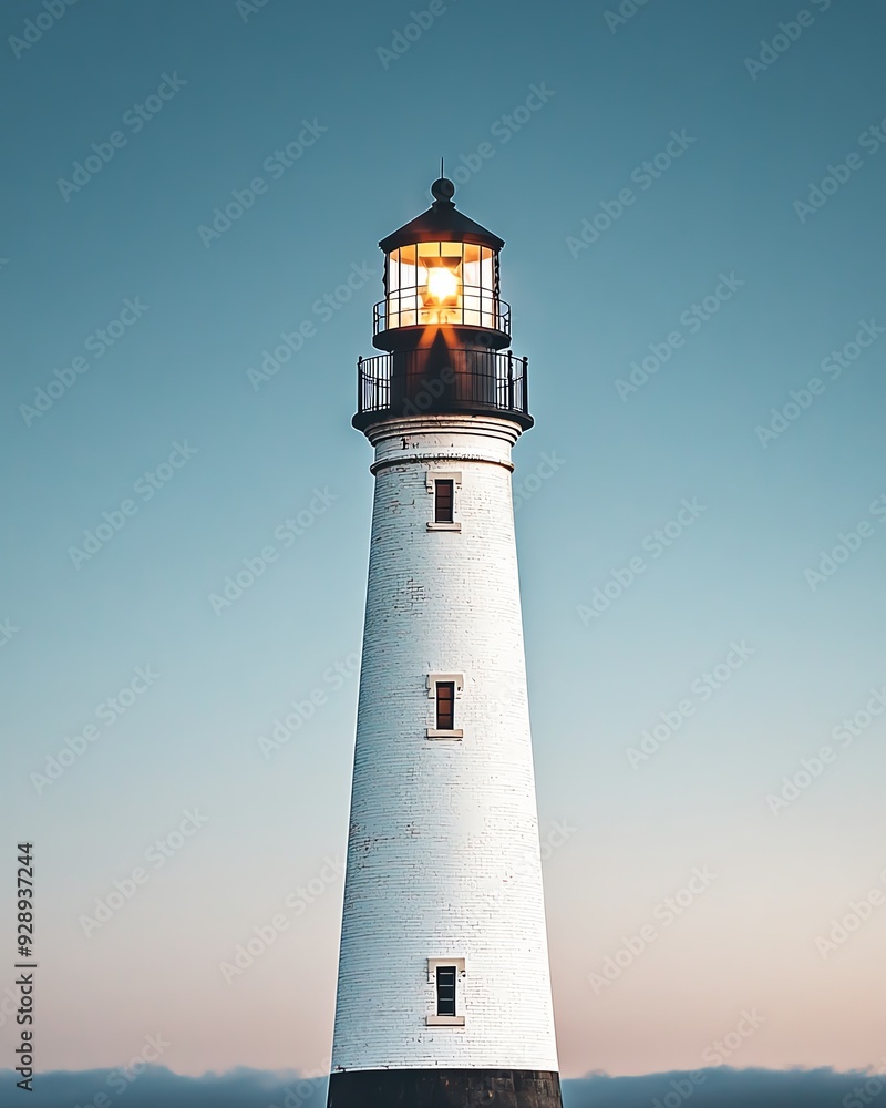 A tall white lighthouse with a bright light shining in the evening sky. A tall white lighthouse with a bright light shining in the evening sky.