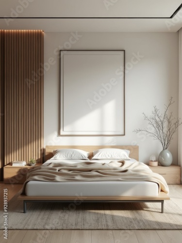 Minimalist Bedroom with Blank Frame Mockup photo