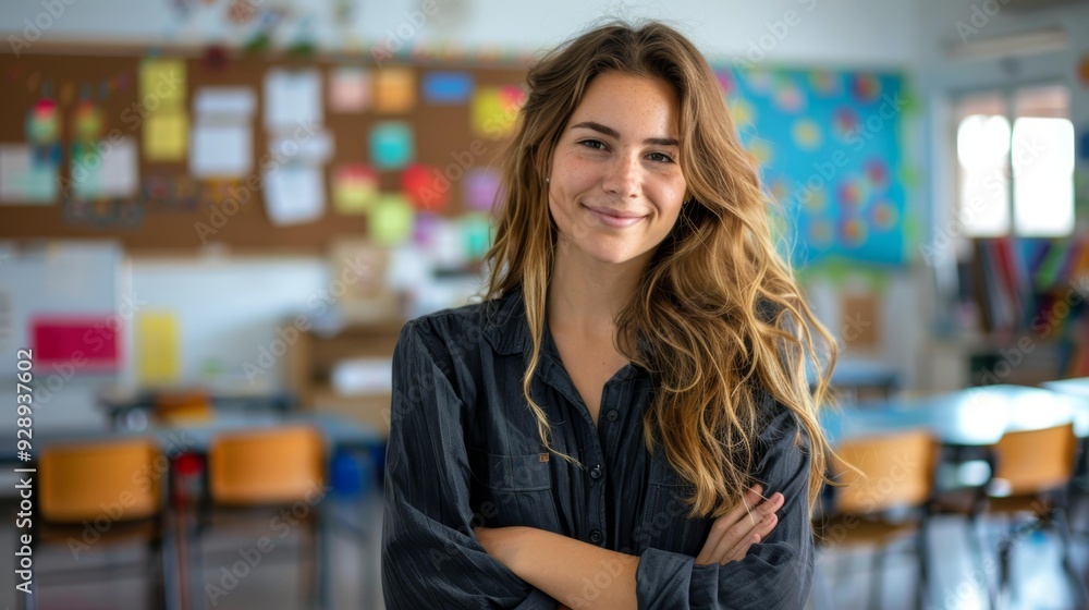 Smiling young female teacher stands confidently in classroom, arms crossed, bright environment filled with colorful educational materials, preparing for engaging lesson with students. Smiling young female teacher stands confidently in classroom, arms crossed, bright environment filled with colorful educational materials, preparing for engaging lesson with students.