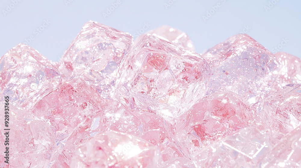 Pink ice cubes atop ice cubes on table Pink ice cubes atop ice cubes on table