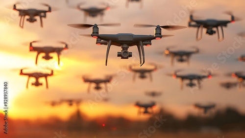 Drone Swarm Flying at Sunset