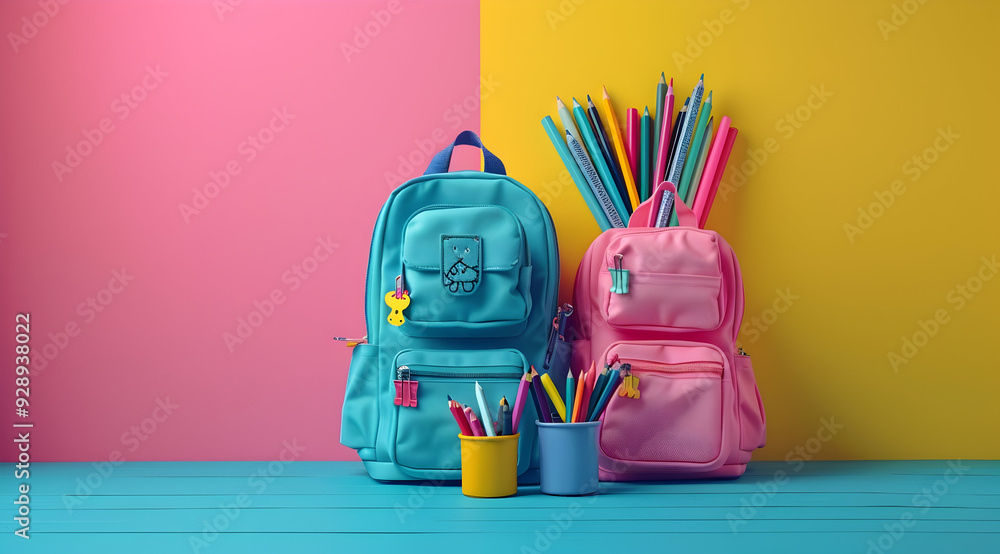 Back to School Illustration with Blue and Pink Backpacks and Colored Pencils on Teal Wooden Table Back to School Illustration with Blue and Pink Backpacks and Colored Pencils on Teal Wooden Table