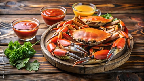 Freshly steamed blue crab claws served with tangy cocktail sauce on a rustic wooden table, evoking the flavors and spirit of Maryland's coastal cuisine. photo