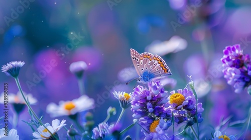 Wallpaper Mural Beautiful wild flowers chamomile, purple wild peas, butterfly in morning haze in nature close-up macro. Landscape wide format, copy space, cool blue tones. Torontodigital.ca