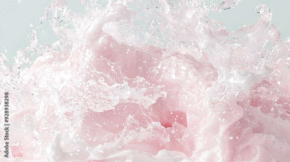 A pink and white object with water splashing off its top and onto its base A pink and white object with water splashing off its top and onto its base