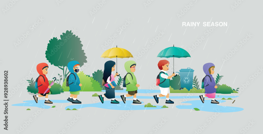 A child in a raincoat and an umbrella is walking to school. A child in a raincoat and an umbrella is walking to school.