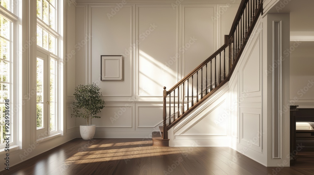 Fototapeta premium A bright and inviting interior featuring staircase, large windows, and potted plant, creating warm and welcoming atmosphere. 