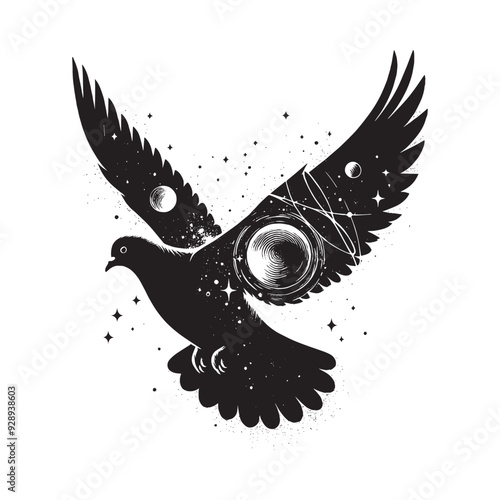 silhouette of Pigeon filled with space and sci-fi element in rough drawing