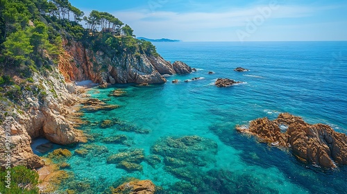 Wallpaper Mural A beautiful view of turquoise waters along a rugged, rocky coastline with cliffs and lush greenery under a bright blue sky. Torontodigital.ca