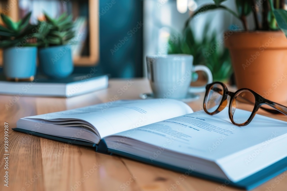 Naklejka premium A book sits atop a wooden table, perfect for reading or displaying
