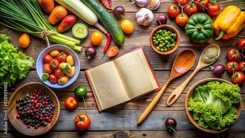 Fresh vegetables and fruits surround a opened cookbook with a wooden spoon and mixing bowl on a rustic kitchen table, promoting healthy cooking habits. photo