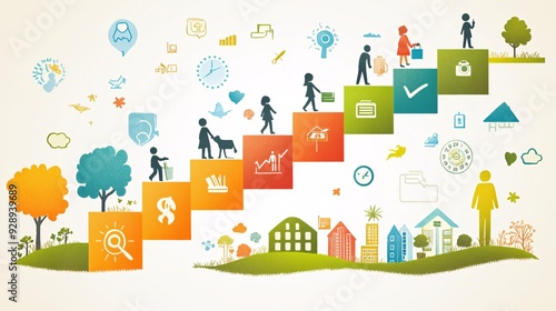 An illustration showing the different stages of life and the financial planning needs for each stage from starting a career to retirement Stock Photo with copy space