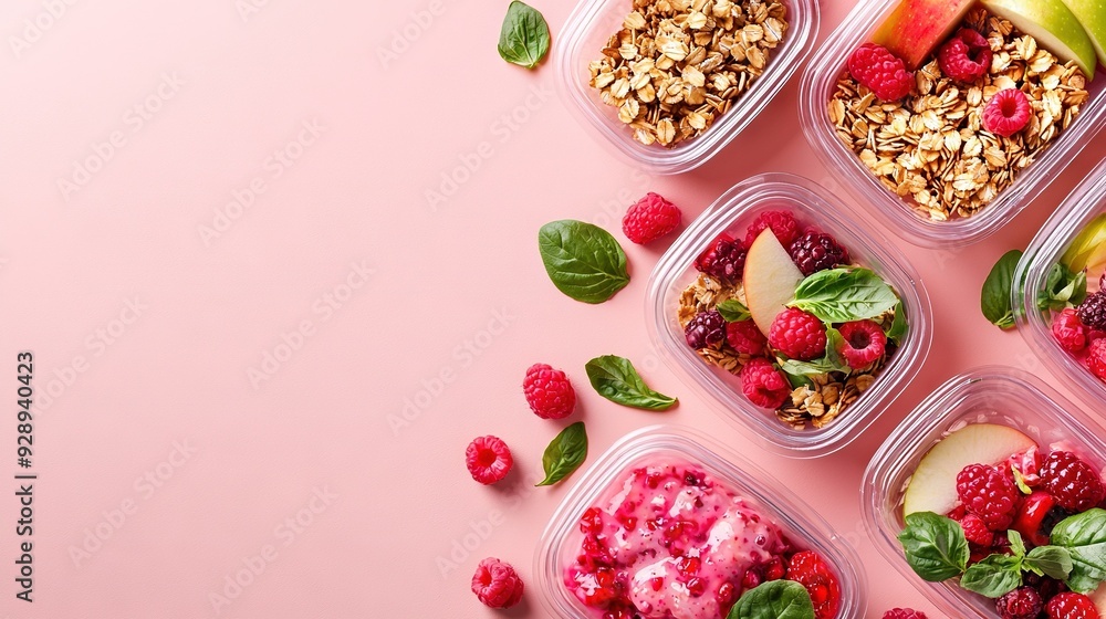 Four pink containers hold granola, raspberries, apples, and raspberries Four pink containers hold granola, raspberries, apples, and raspberries