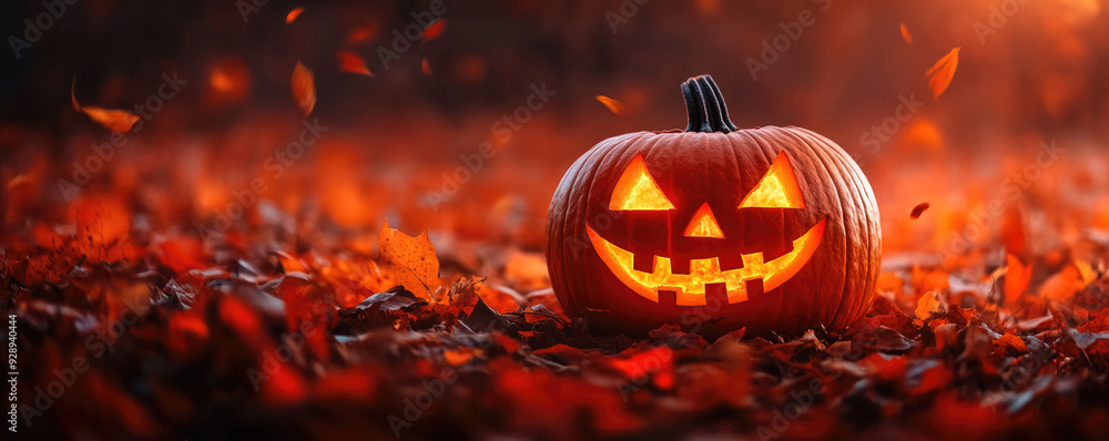 A glowing pumpkin sits amidst colorful autumn leaves, perfect for Halloween-themed decorations and celebrations. A glowing pumpkin sits amidst colorful autumn leaves, perfect for Halloween-themed decorations and celebrations.