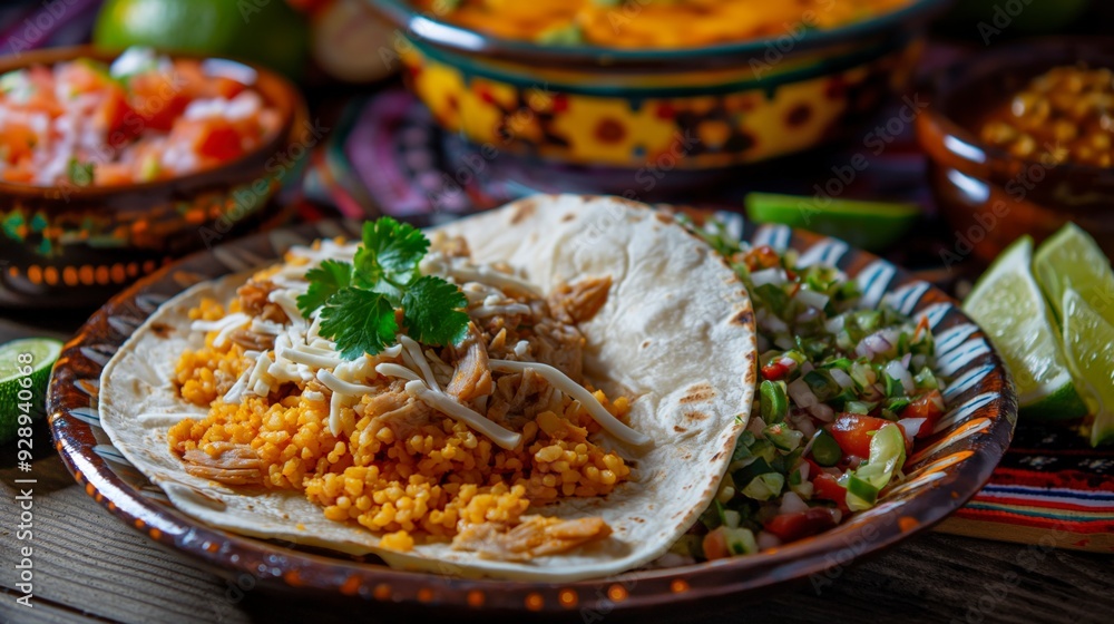 A close up of a delicious taco with pulled chicken, rice, cheese, and cilantro. A close up of a delicious taco with pulled chicken, rice, cheese, and cilantro.