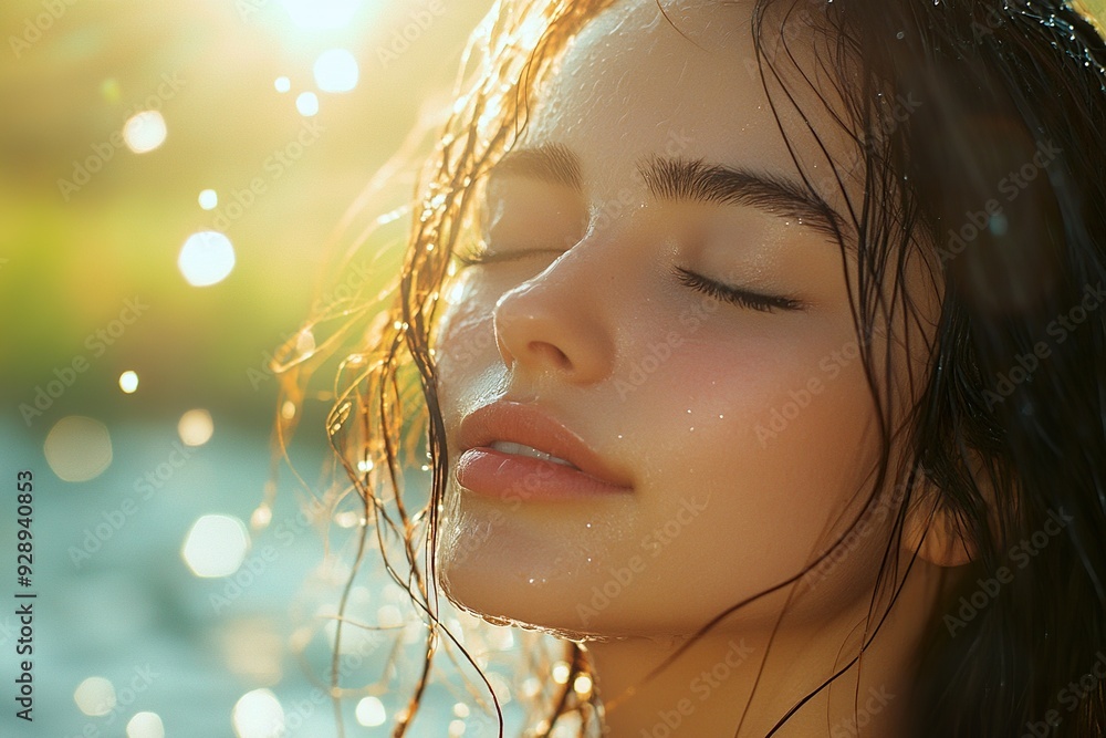 Sunlit Serenity Woman with Closed Eyes and Wet Hair, Embracing Nature Sunlit Serenity Woman with Closed Eyes and Wet Hair, Embracing Nature