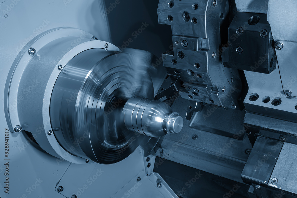 The CNC lathe machine forming cutting the metal shaft parts in the light blue scene. The CNC lathe machine forming cutting the metal shaft parts in the light blue scene.