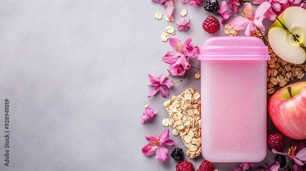 An apple, raspberry, and oatmeal shaker surrounded by colorful blooms and sweet fruits resting atop a monochrome background An apple, raspberry, and oatmeal shaker surrounded by colorful blooms and sweet fruits resting atop a monochrome background