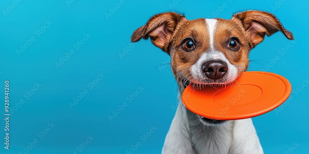a dog catches frisbee in his mouth and return it for his owner, happy expression, isolated on blue background with copy space, pets shop advertising a dog catches frisbee in his mouth and return it for his owner, happy expression, isolated on blue background with copy space, pets shop advertising