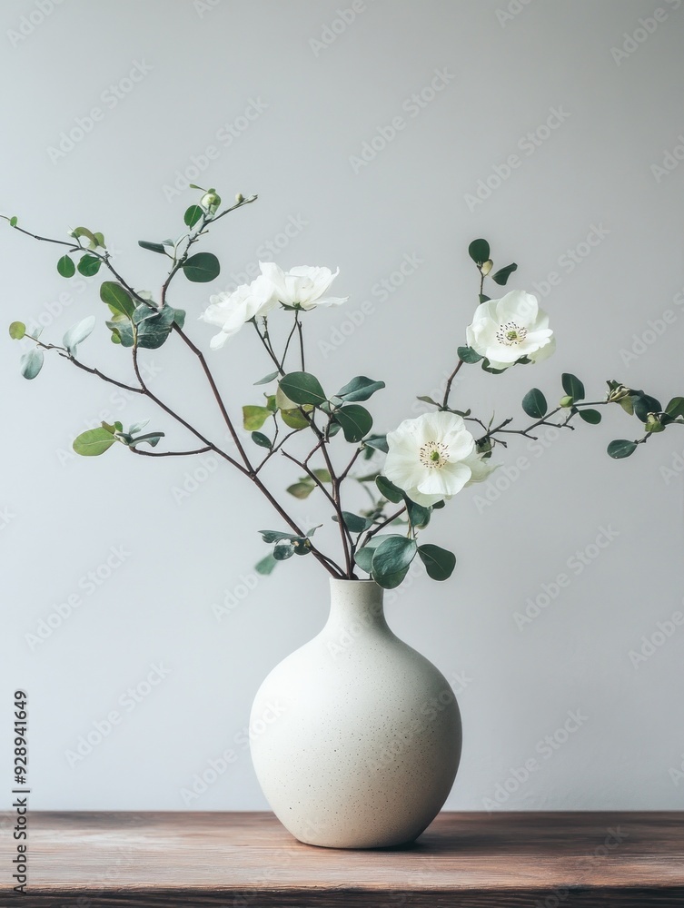 White flowers with green leaves in a minimalist vase White flowers with green leaves in a minimalist vase