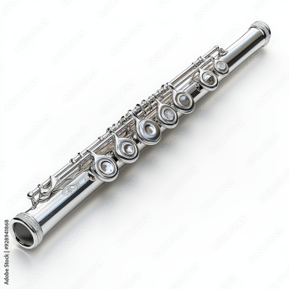 Fototapeta premium A silver flute, musical instrument, hyper-detailed rendering, polished with finger holes, isolated on white background