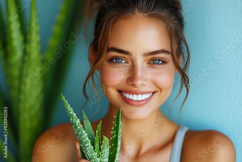 Wellness and Skincare: Woman Holding Aloe Vera, Smiling Brightly