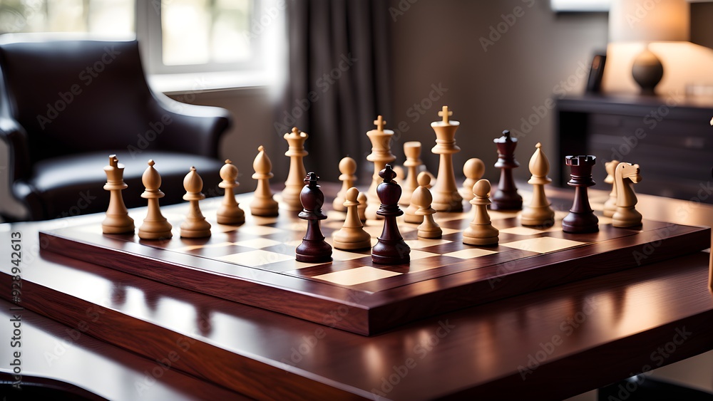A wooden chess board with pieces on it A wooden chess board with pieces on it