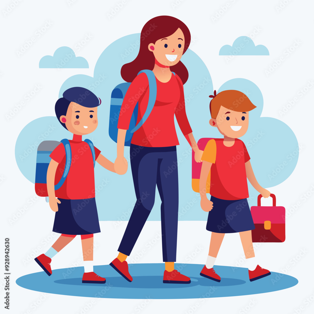 Back To School Mom And Kids Red Backpack Back To School Mom And Kids Red Backpack