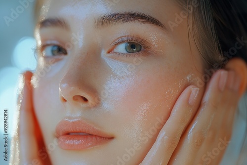 Woman Embracing Skincare Routine by Touching Her Face