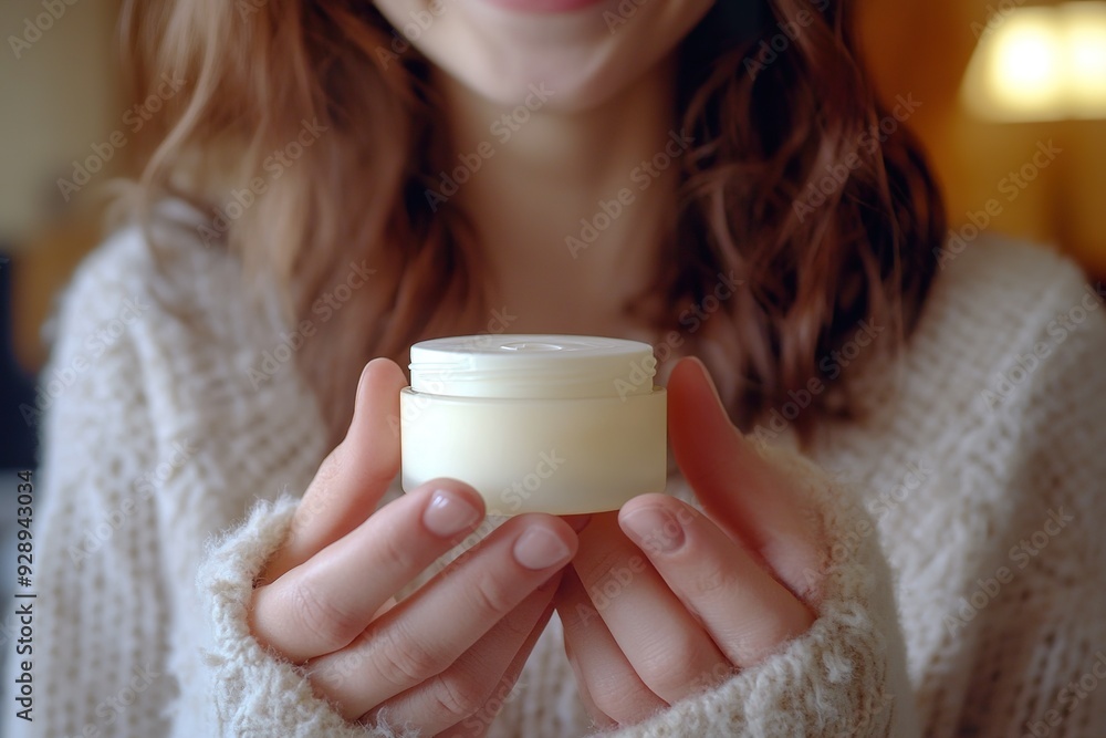 Woman Gently Applying Moisturizer with a Smile, Waist-Up Portrait Woman Gently Applying Moisturizer with a Smile, Waist-Up Portrait