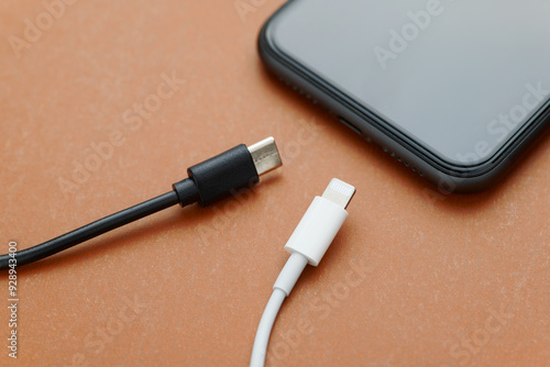 USB-C and lightning charging cable for the smartphone, compatible device, phone power charging photo