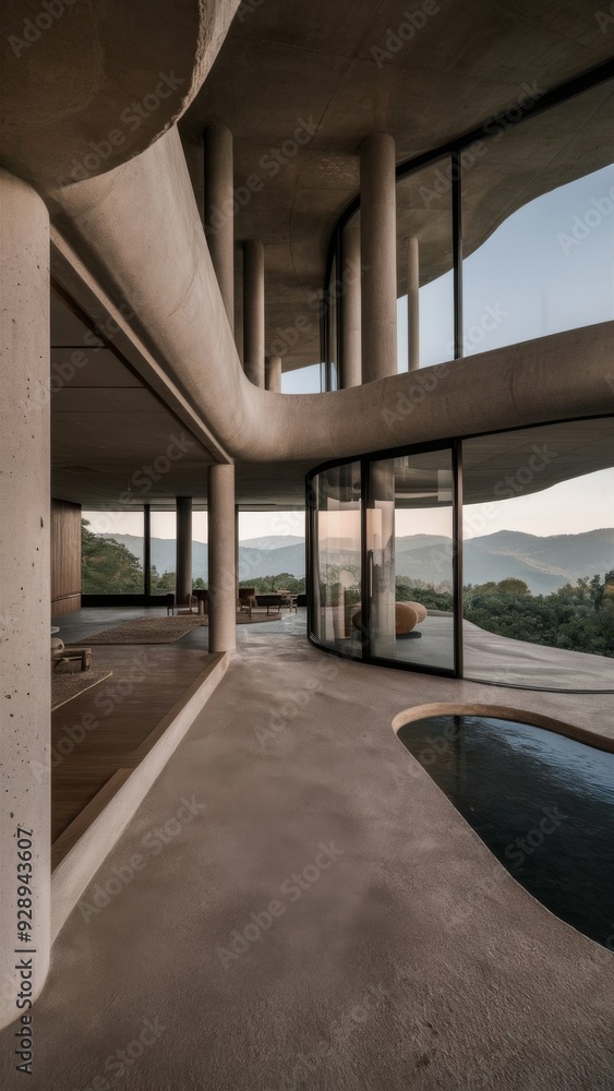 Modern exterior with curved concrete elements and large panoramic windows, overlooking a serene natural landscape. Concept of contemporary architecture. Modern exterior with curved concrete elements and large panoramic windows, overlooking a serene natural landscape. Concept of contemporary architecture.