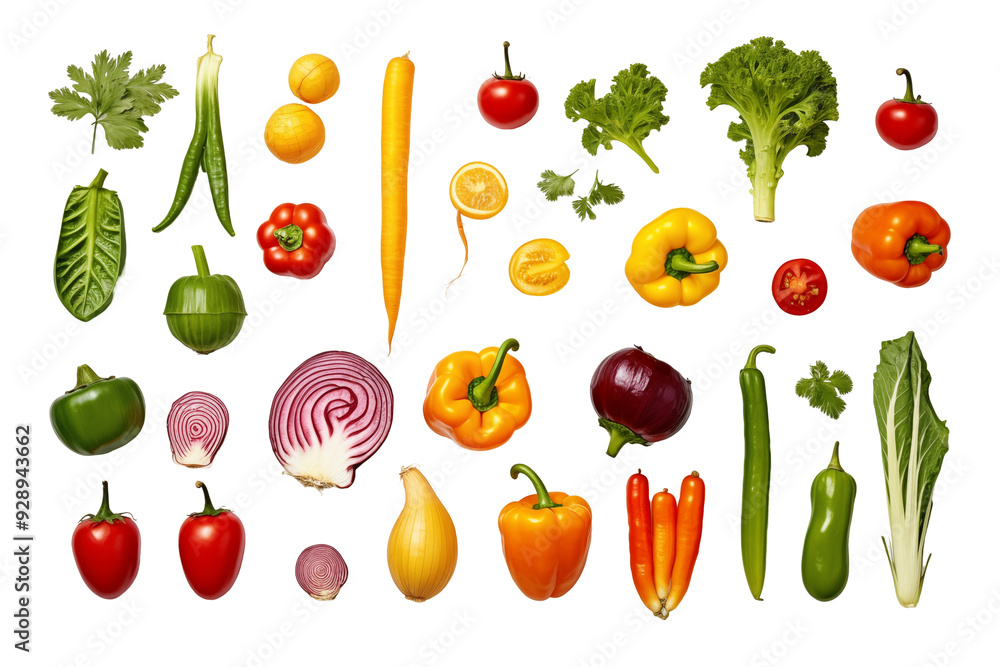 Top view Vegetables on transparent background. Top view. Vegetables related themes. Vegetables sale. Images for graphic designers. Isolated Vegetables. PNG cutout. For flyers. Agriculture. 