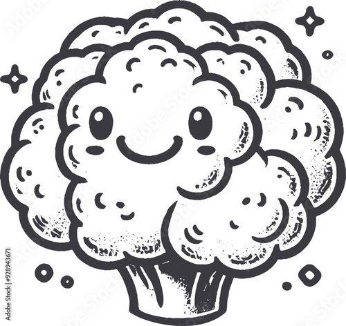 Grunge-Style Cauliflower Smiling Vegetable Character with Texture, Rough Hand-Drawn with Grainy Print Effect.