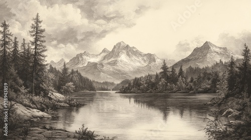 Vintage Engraving of Pristine Natural Landscape with Mountains, Forests, and River