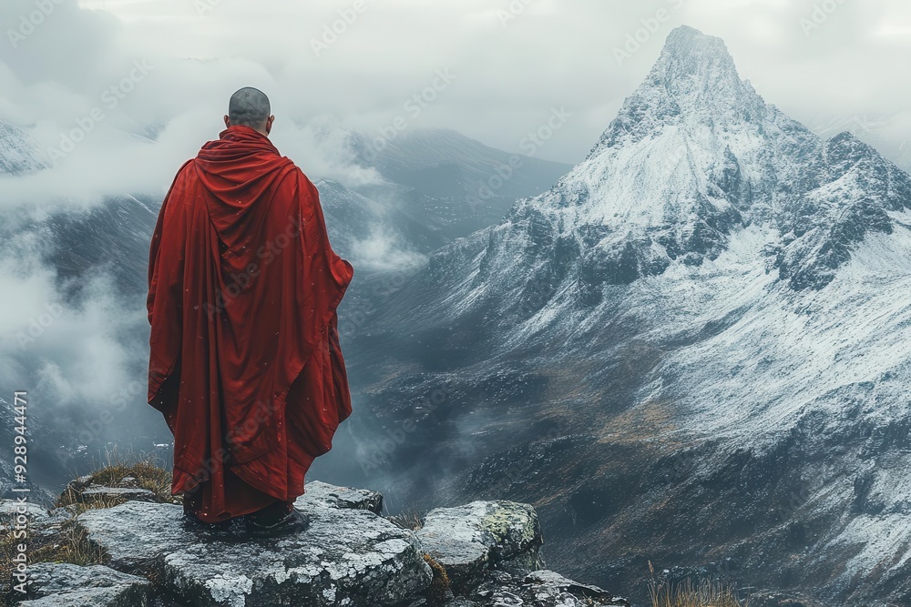 solitary monk in snowy mountain landscape minimalist composition muted colors sense of serenity and contemplation traditional robes billowing solitary monk in snowy mountain landscape minimalist composition muted colors sense of serenity and contemplation traditional robes billowing