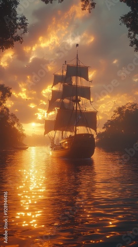 Sailing ship in the glowing sunset of a tranquil river