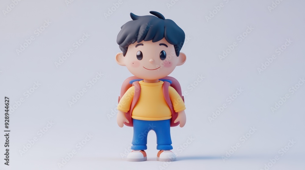 Cute 3D Cartoon Boy with Backpack on White Background in Colorful Outfit with Short Hair Cute 3D Cartoon Boy with Backpack on White Background in Colorful Outfit with Short Hair