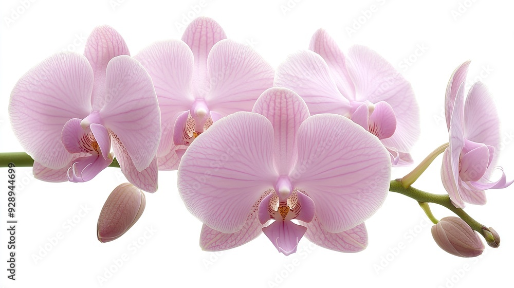 Obraz premium Elegant pink orchid blossoms showcasing purple veins in full bloom against a soft white backdrop