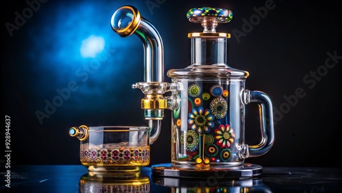 Glass dab rig with intricate percolator design and colorful accents, sitting on a dark background, ready for a hit of concentrated cannabis vapor.