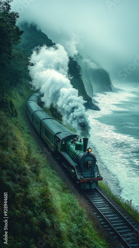 Steam train winding along misty cliffs by crashing waves. photo