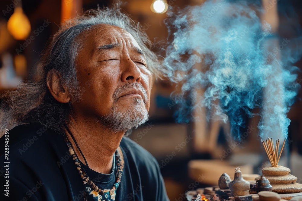 A man is sitting in a room with smoke coming out of a pipe. He is wearing a black shirt and a necklace A man is sitting in a room with smoke coming out of a pipe. He is wearing a black shirt and a necklace