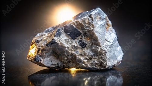 Glistening tungsten mineral ore with a greyish-white metallic luster, embedded in a dark granite matrix, illuminated against a neutral background. photo