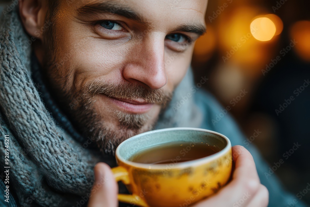 A man is holding a yellow cup of tea and smiling. Concept of warmth and comfort, as the man is enjoying a hot beverage on a cold day A man is holding a yellow cup of tea and smiling. Concept of warmth and comfort, as the man is enjoying a hot beverage on a cold day