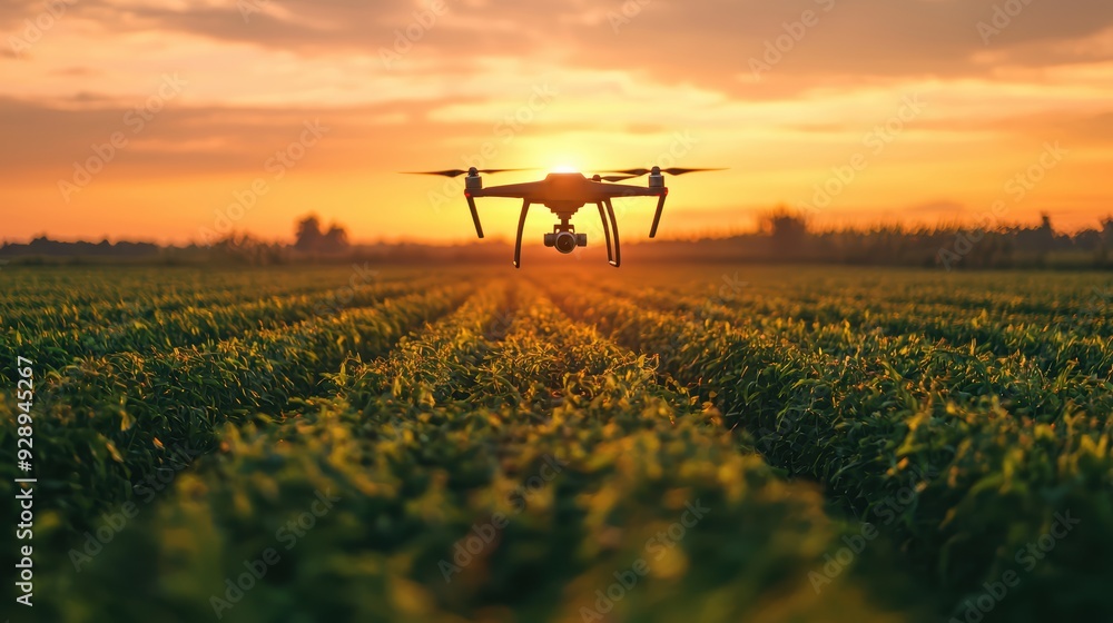 A drone flying over lush green field at sunset, capturing beauty of agriculture. scene evokes sense of innovation and tranquility. A drone flying over lush green field at sunset, capturing beauty of agriculture. scene evokes sense of innovation and tranquility.